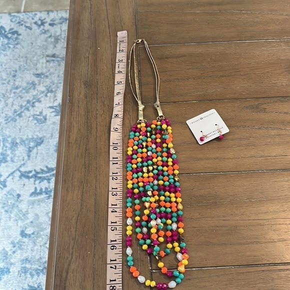 Colorful Bright Multi Color 5 Strand Necklace with matching earrings Gold Purple - Picture 10 of 12